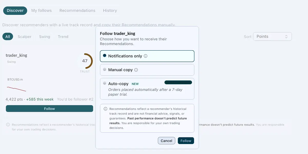 Follow dialog with notification, manual copy and auto-copy